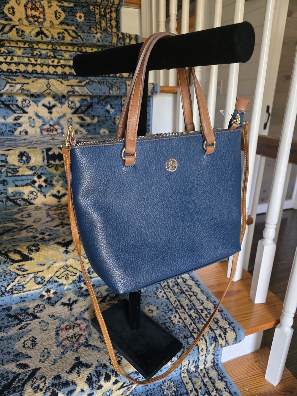 Anne Klein Navy and Tan Leather Croosbody
